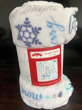 Holiday Time White Plush Throw with Blue and Teal Snowflake Accents